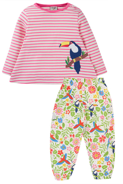 Frugi Baby Girls Oakleigh White Tropical Birds Striped Outfit